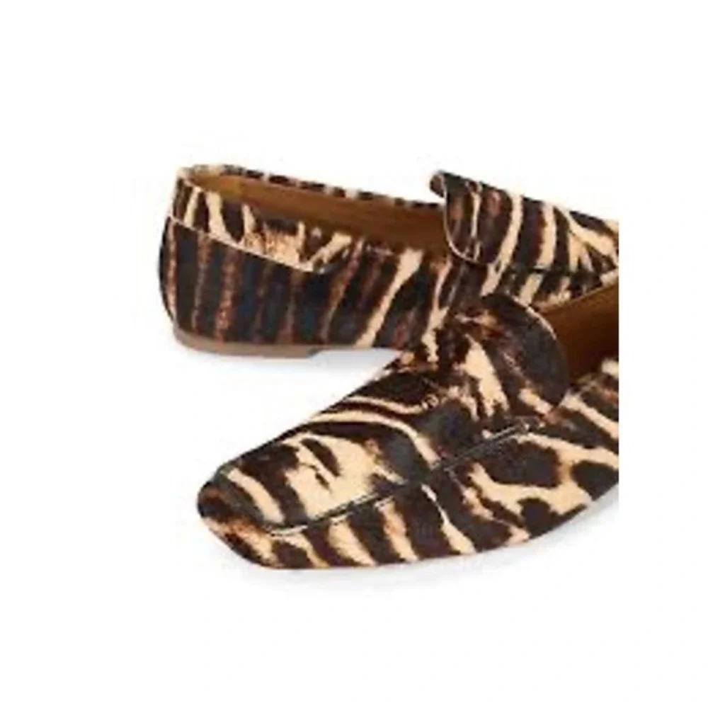 Staud Becks Leopard Calf Hair Loafers Brown Black Square Toe Flats Womens 38